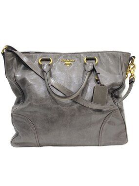 Prada Gray Vitello Shine leather satchel dual top